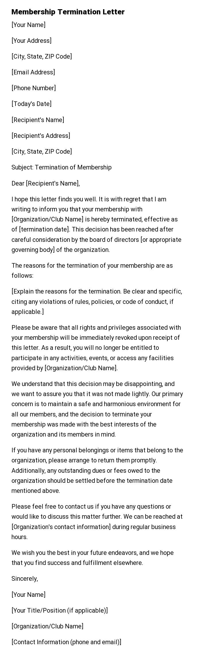 Membership Termination Letter