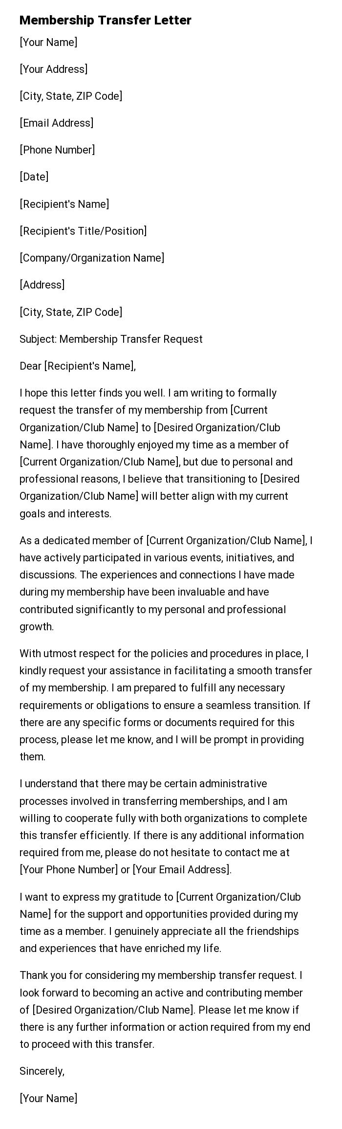 Membership Transfer Letter