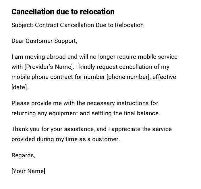 Cancellation due to relocation Cancellation due to relocation