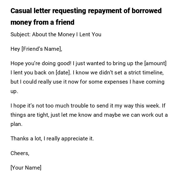 Casual letter requesting repayment of borrowed money from a friend Casual letter requesting repayment of borrowed money from a friend