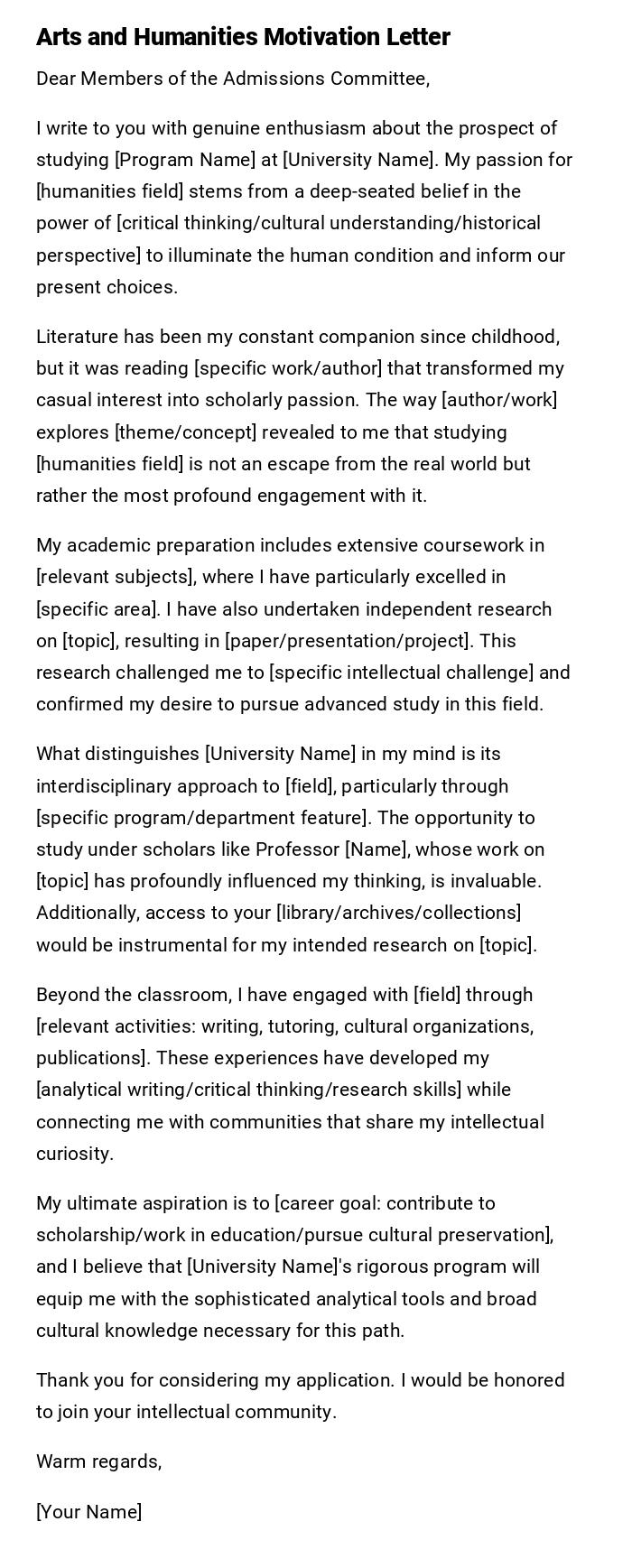 Arts and Humanities Motivation Letter Arts and Humanities Motivation Letter