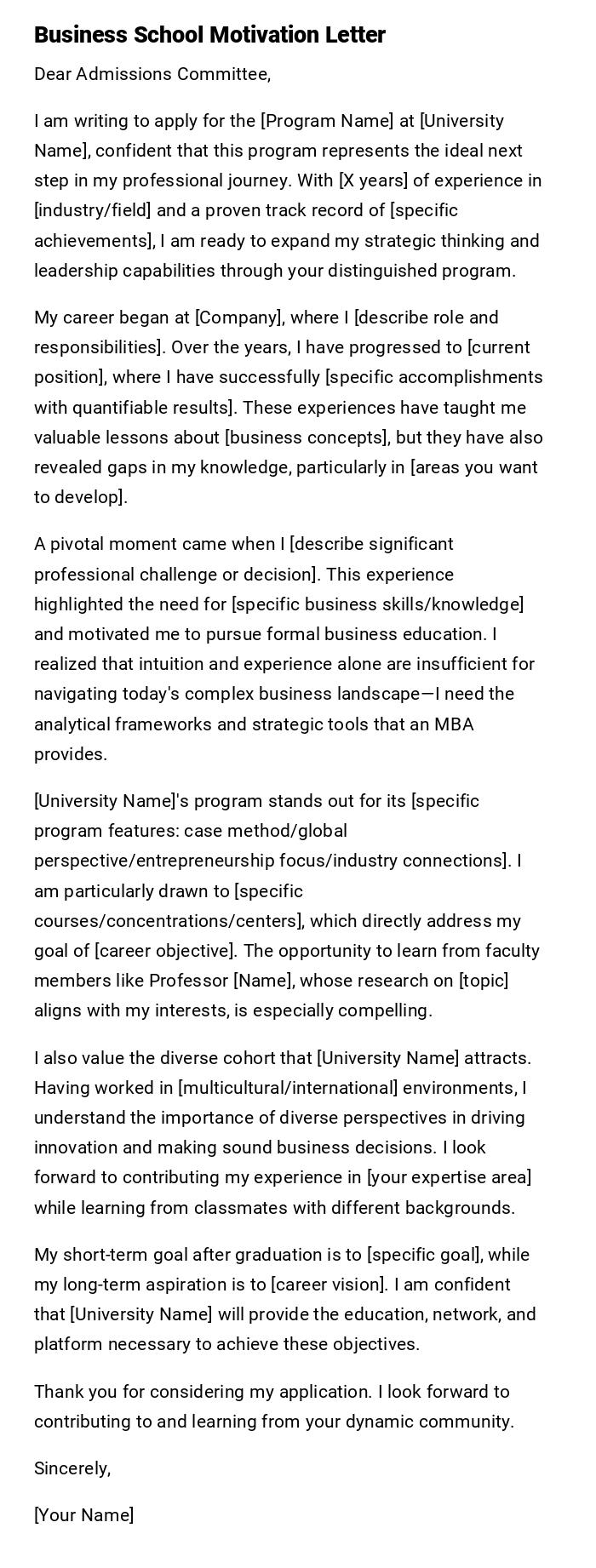Business School Motivation Letter Business School Motivation Letter