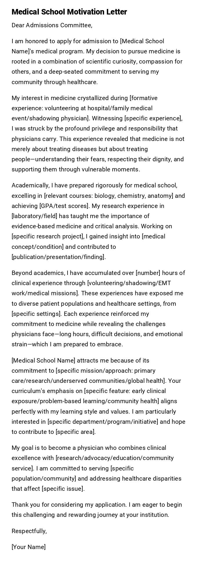 Medical School Motivation Letter Medical School Motivation Letter
