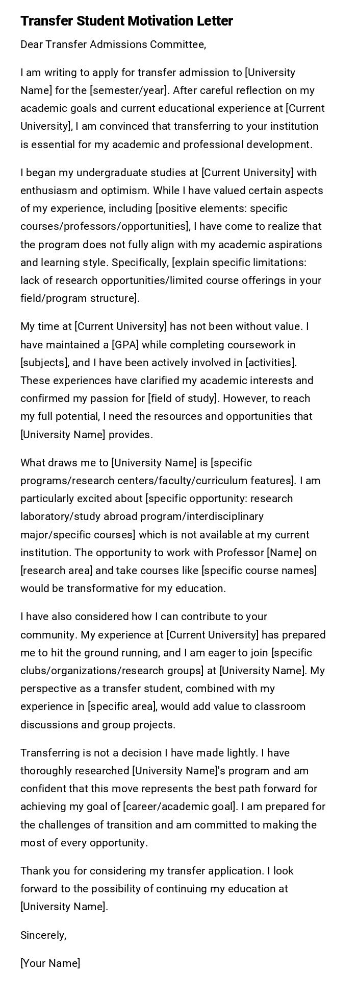 Transfer Student Motivation Letter Transfer Student Motivation Letter
