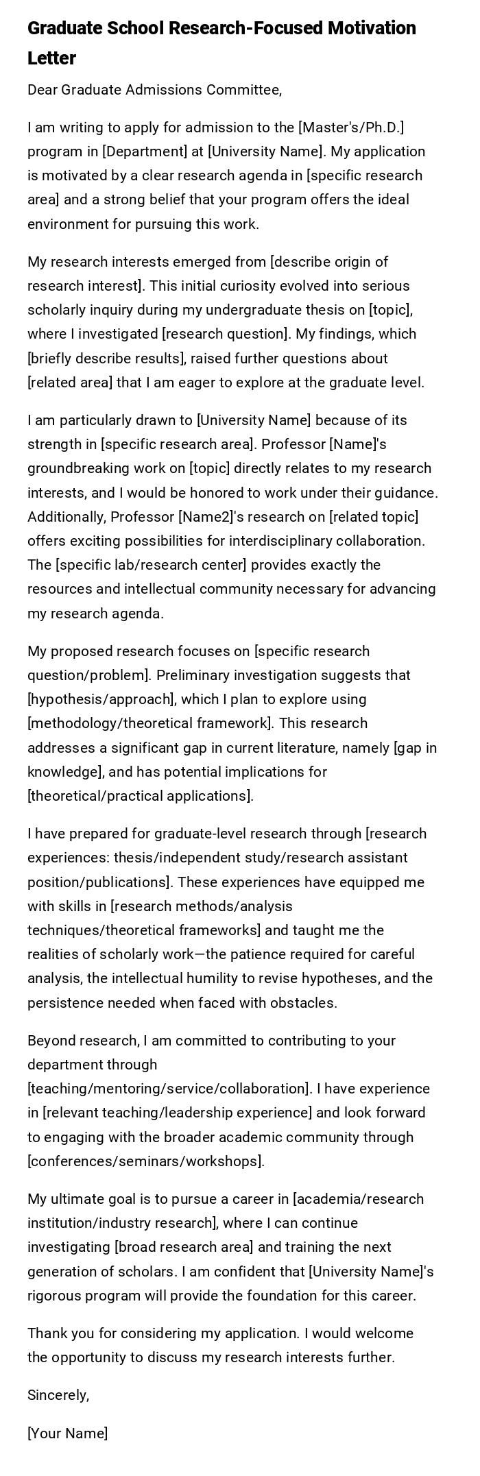 Graduate School Research-Focused Motivation Letter Graduate School Research-Focused Motivation Letter
