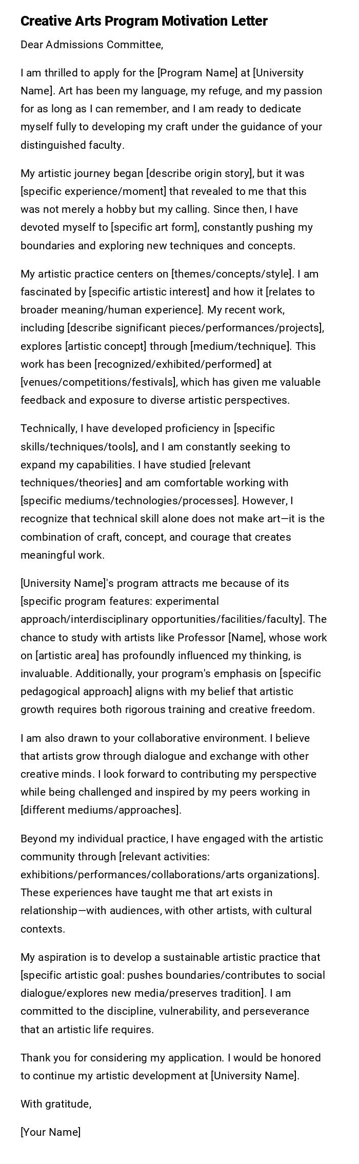 Creative Arts Program Motivation Letter Creative Arts Program Motivation Letter