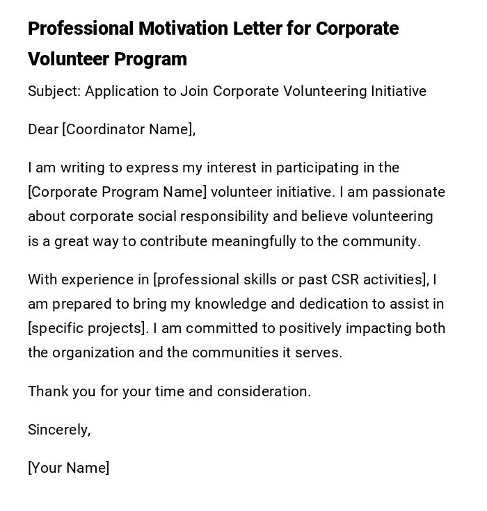 Professional Motivation Letter for Corporate Volunteer Program Professional Motivation Letter for Corporate Volunteer Program