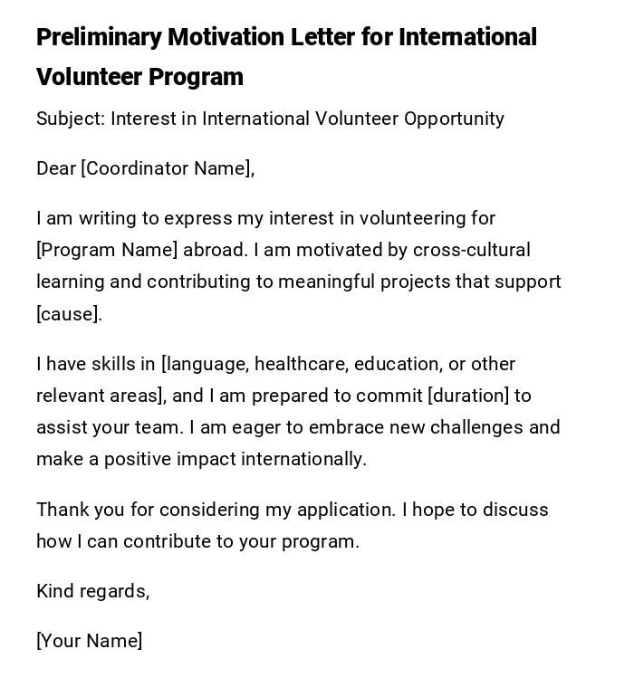 Preliminary Motivation Letter for International Volunteer Program Preliminary Motivation Letter for International Volunteer Program