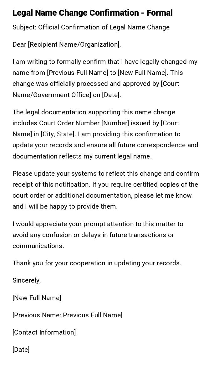 Legal Name Change Confirmation - Formal Legal Name Change Confirmation - Formal