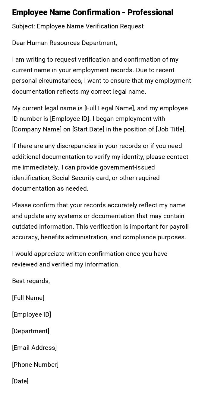 Employee Name Confirmation - Professional Employee Name Confirmation - Professional