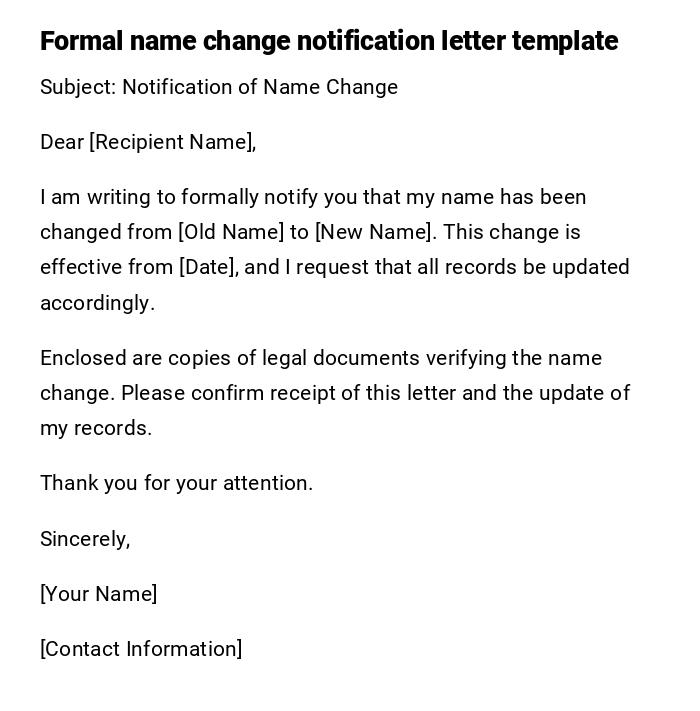 Formal name change notification letter template Formal name change notification letter template