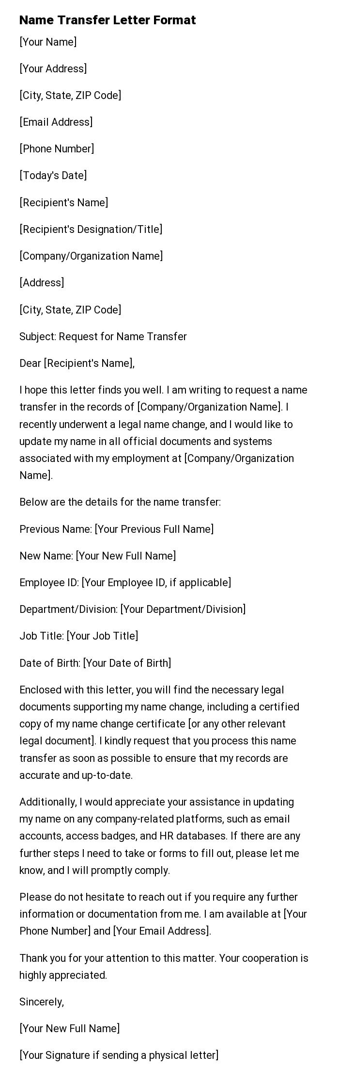 Name Transfer Letter Format
