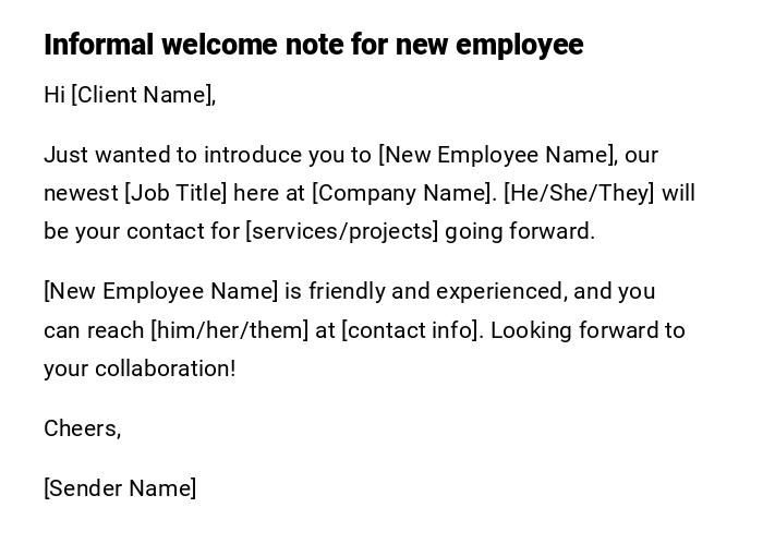 Informal welcome note for new employee Informal welcome note for new employee