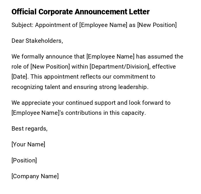 Official Corporate Announcement Letter Official Corporate Announcement Letter