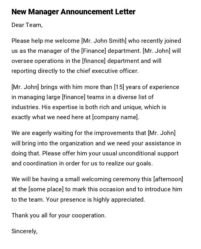 New Manager Announcement Letter New Manager Announcement Letter