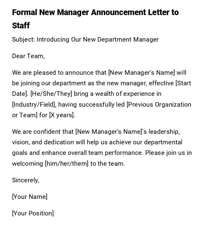 Formal New Manager Announcement Letter to Staff Formal New Manager Announcement Letter to Staff