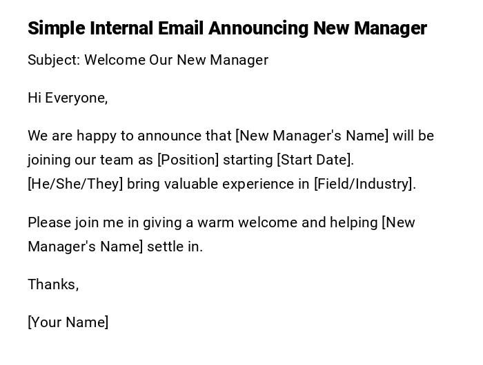 Simple Internal Email Announcing New Manager Simple Internal Email Announcing New Manager