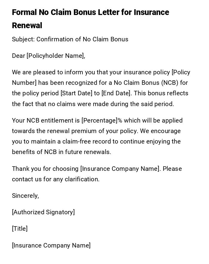 Formal No Claim Bonus Letter for Insurance Renewal Formal No Claim Bonus Letter for Insurance Renewal