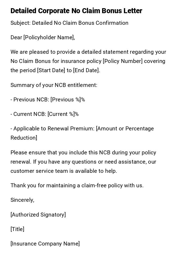 Detailed Corporate No Claim Bonus Letter Detailed Corporate No Claim Bonus Letter