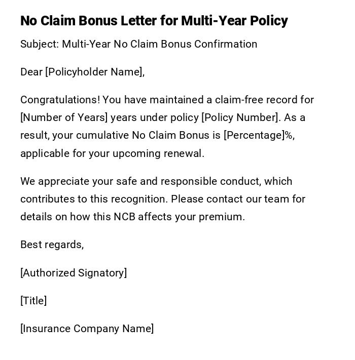 No Claim Bonus Letter for Multi-Year Policy No Claim Bonus Letter for Multi-Year Policy