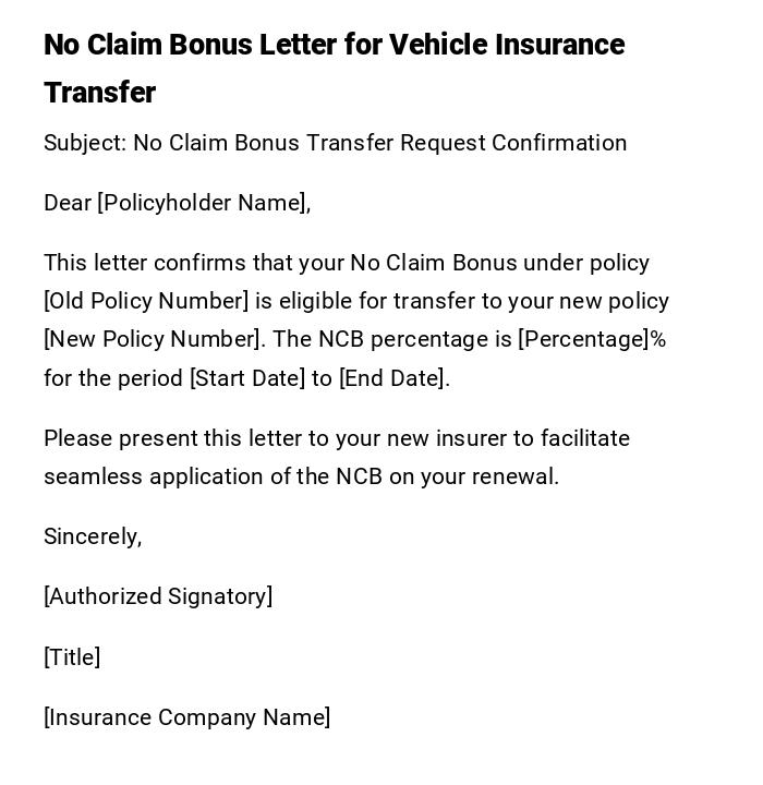 No Claim Bonus Letter for Vehicle Insurance Transfer No Claim Bonus Letter for Vehicle Insurance Transfer