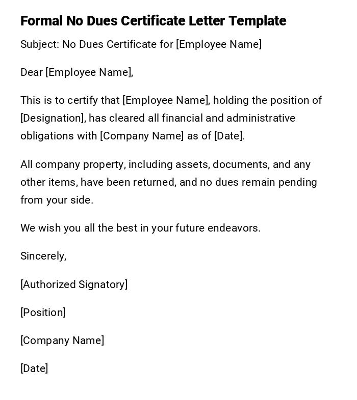 Formal No Dues Certificate Letter Template