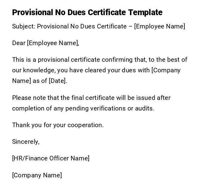 Provisional No Dues Certificate Template