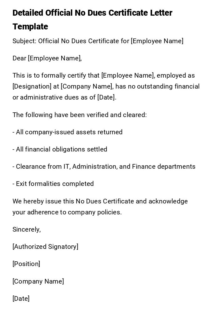 Detailed Official No Dues Certificate Letter Template