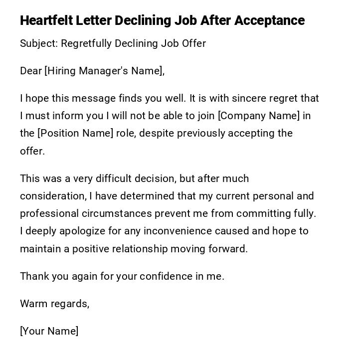Heartfelt Letter Declining Job After Acceptance Heartfelt Letter Declining Job After Acceptance
