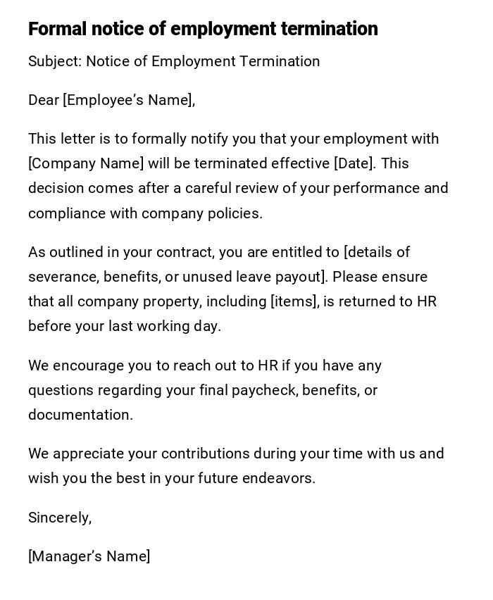 Formal notice of employment termination Formal notice of employment termination