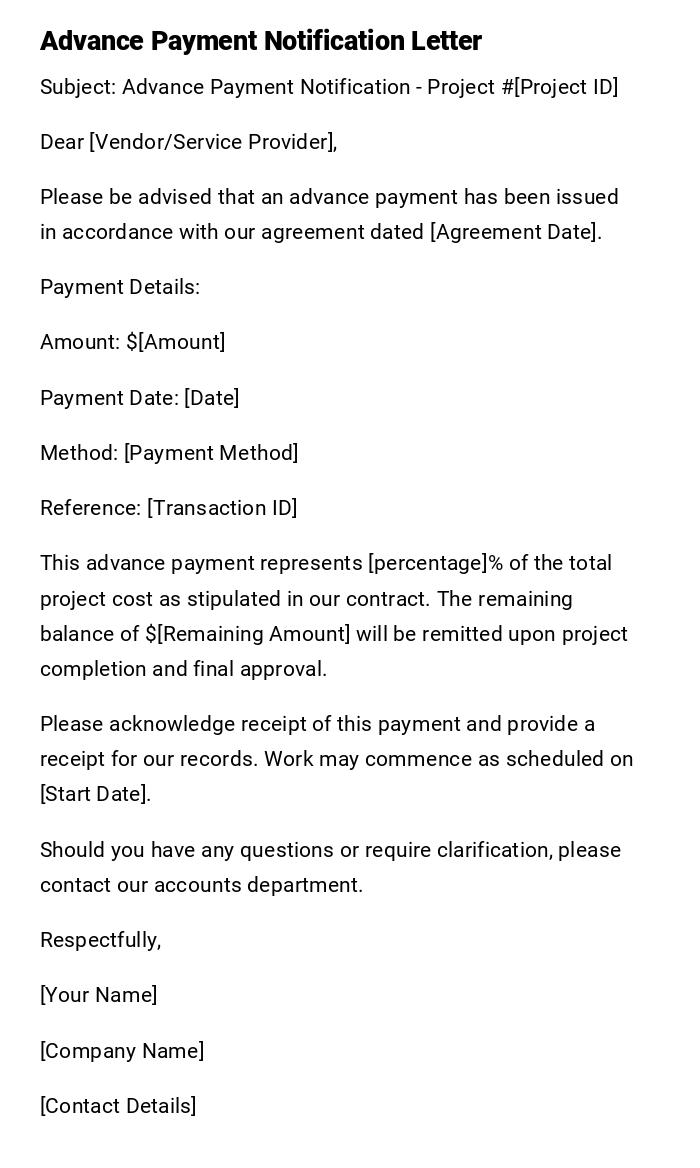 Advance Payment Notification Letter Advance Payment Notification Letter