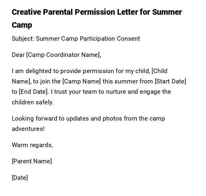 Creative Parental Permission Letter for Summer Camp