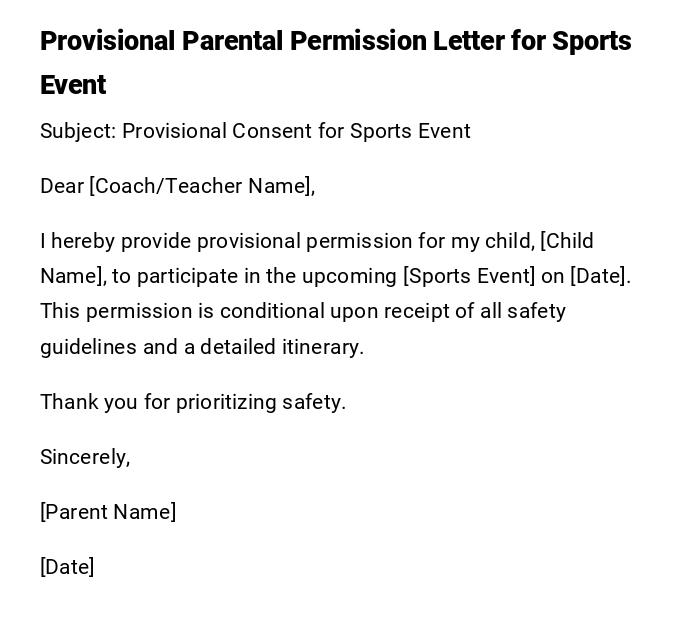 Provisional Parental Permission Letter for Sports Event