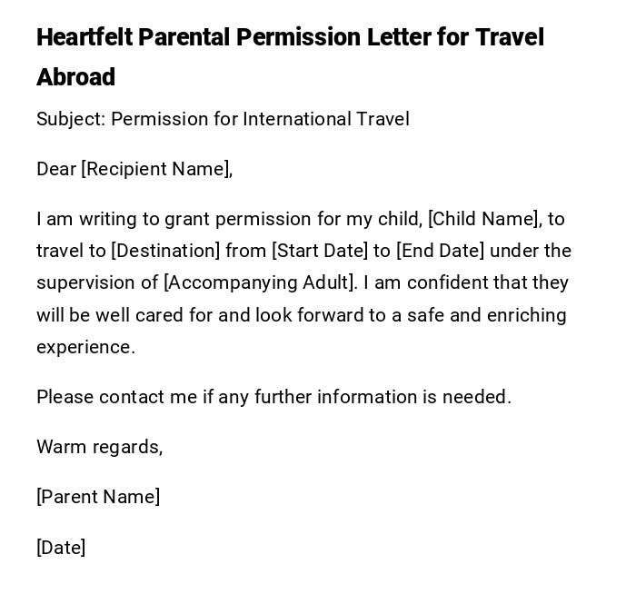Heartfelt Parental Permission Letter for Travel Abroad