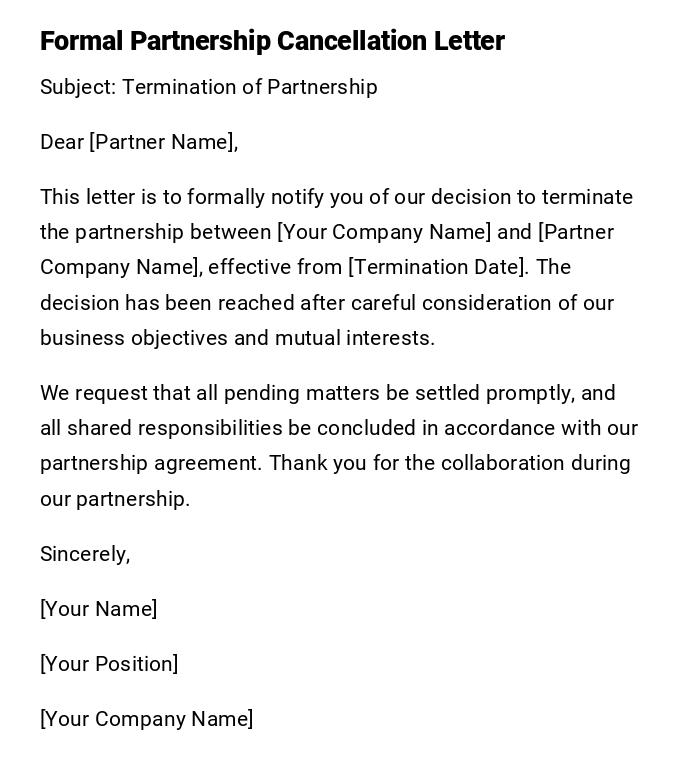 Formal Partnership Cancellation Letter Formal Partnership Cancellation Letter