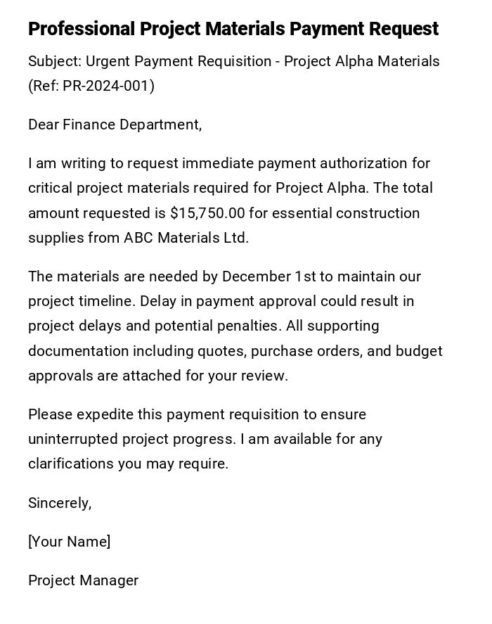 Professional Project Materials Payment Request