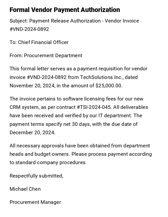 Formal Vendor Payment Authorization