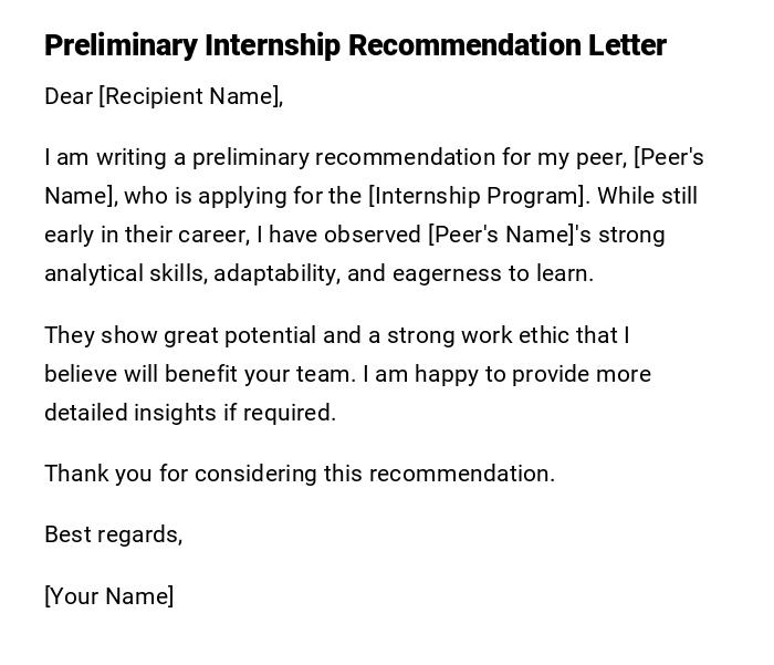 Preliminary Internship Recommendation Letter Preliminary Internship Recommendation Letter