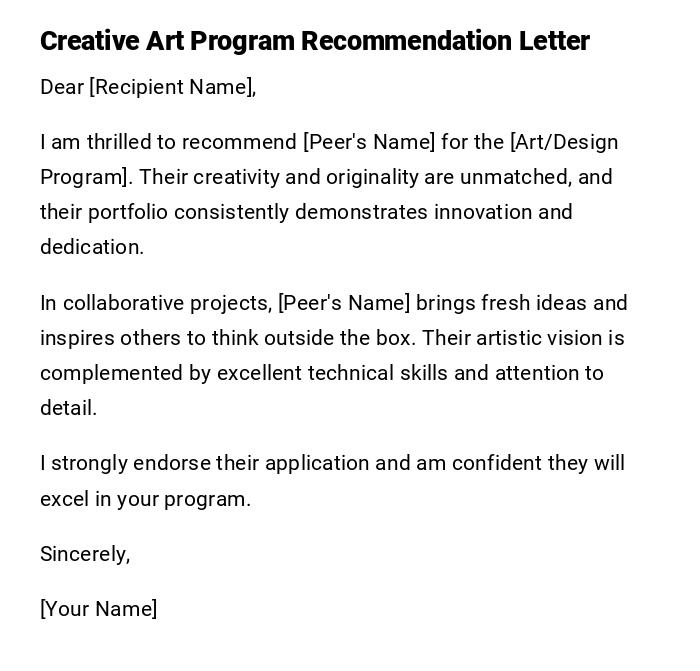 Creative Art Program Recommendation Letter Creative Art Program Recommendation Letter