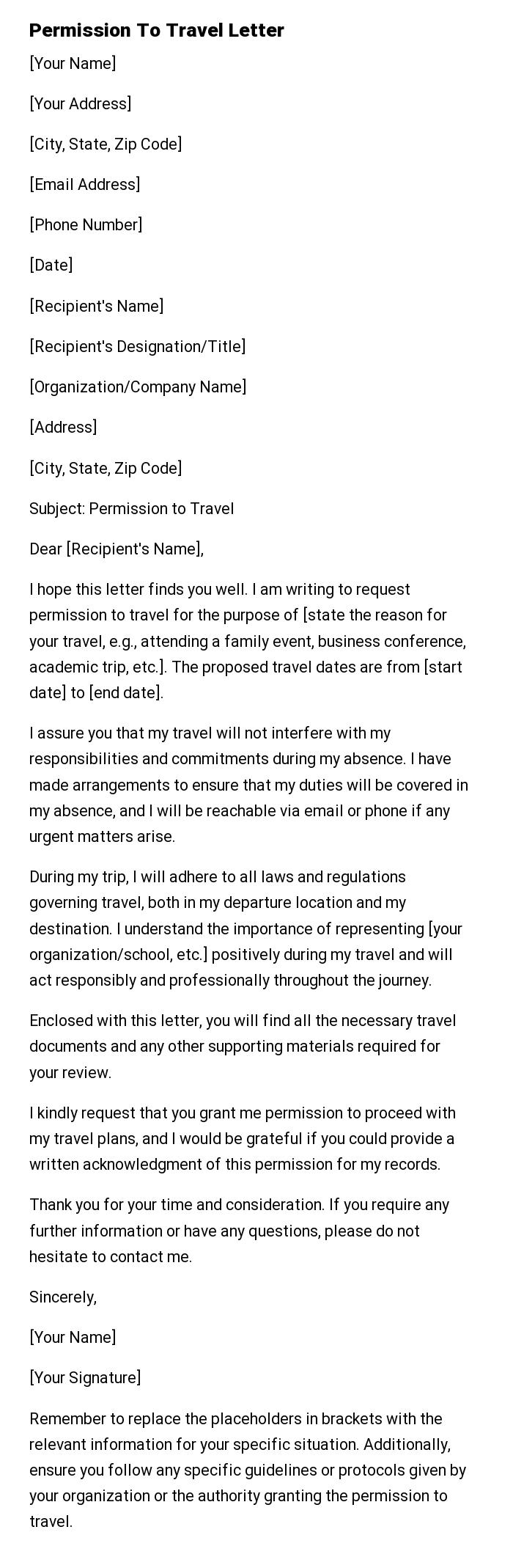 Permission To Travel Letter