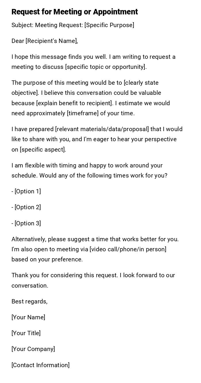 Request for Meeting or Appointment Request for Meeting or Appointment