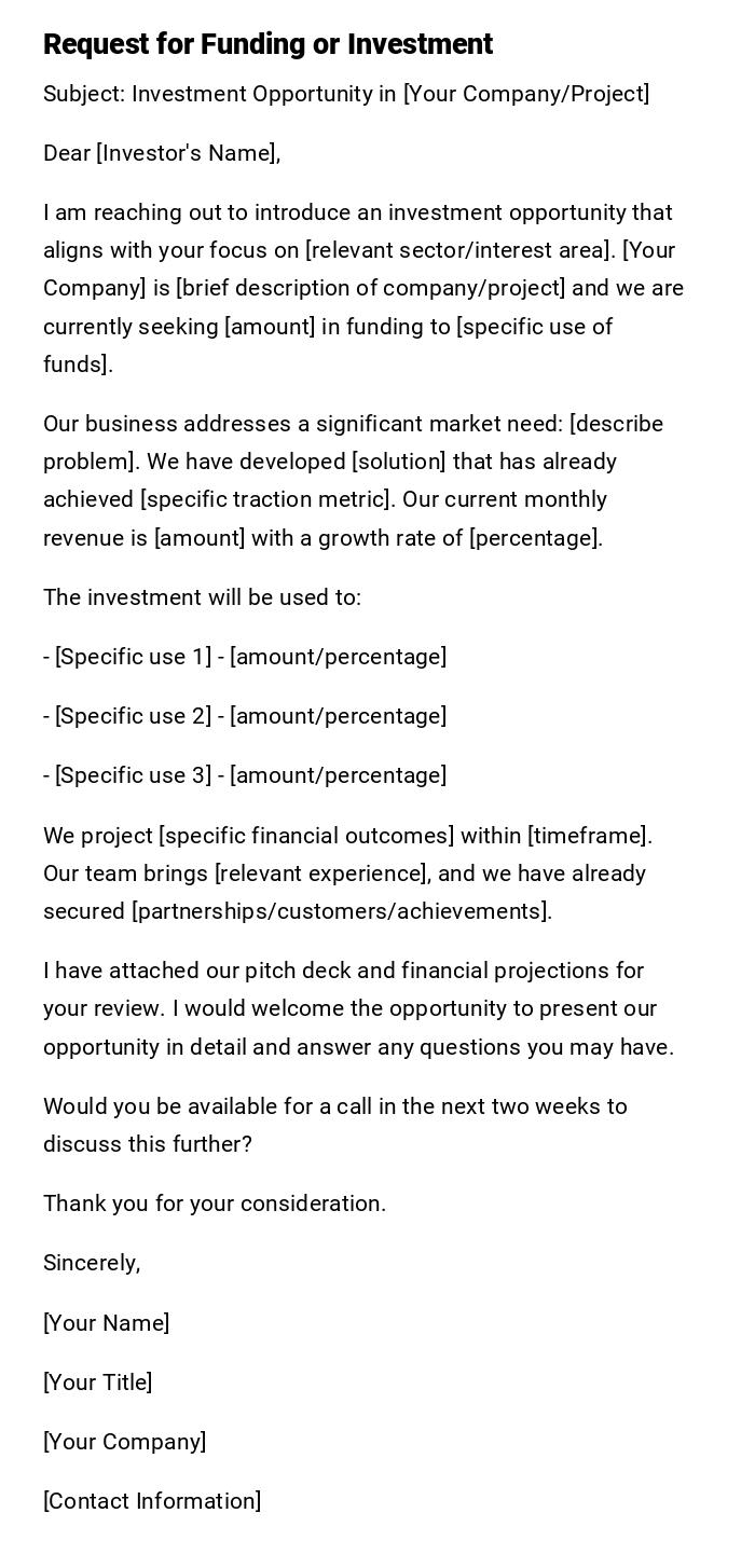 Request for Funding or Investment Request for Funding or Investment