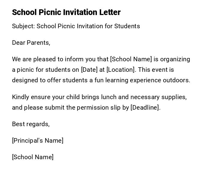 School Picnic Invitation Letter School Picnic Invitation Letter