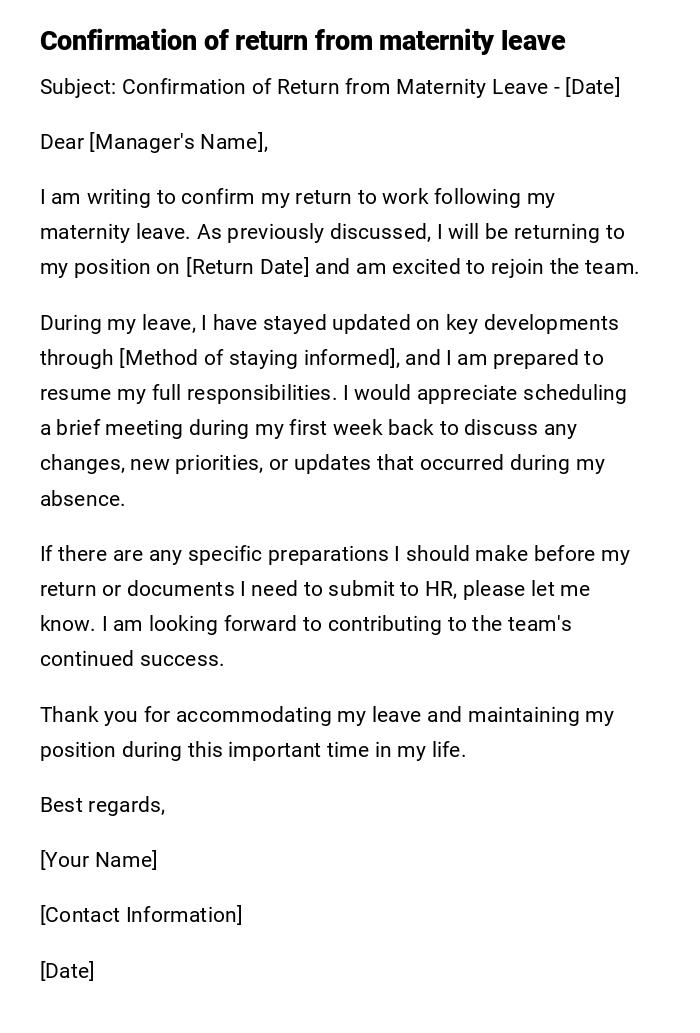 Confirmation of return from maternity leave