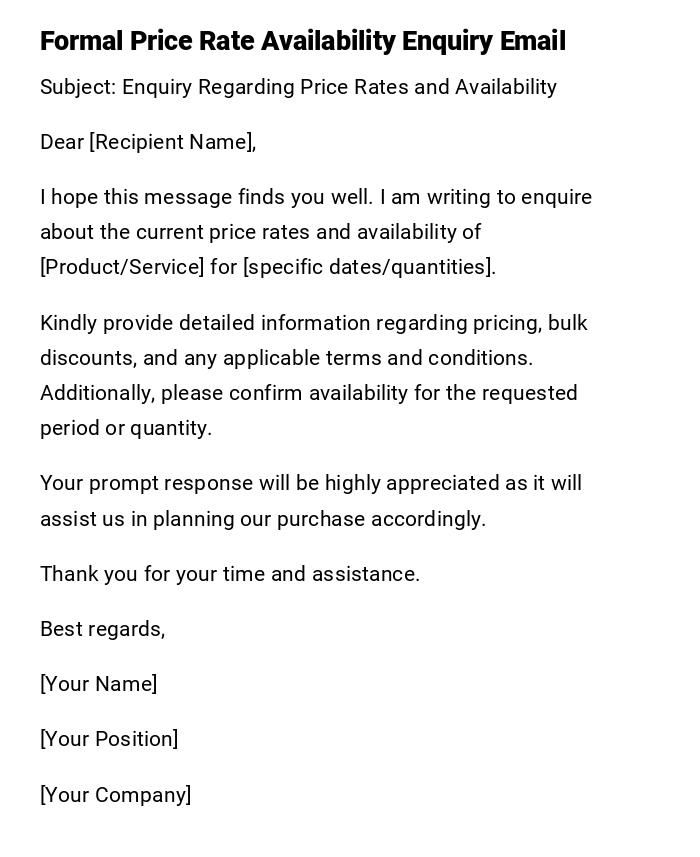 Formal Price Rate Availability Enquiry Email Formal Price Rate Availability Enquiry Email