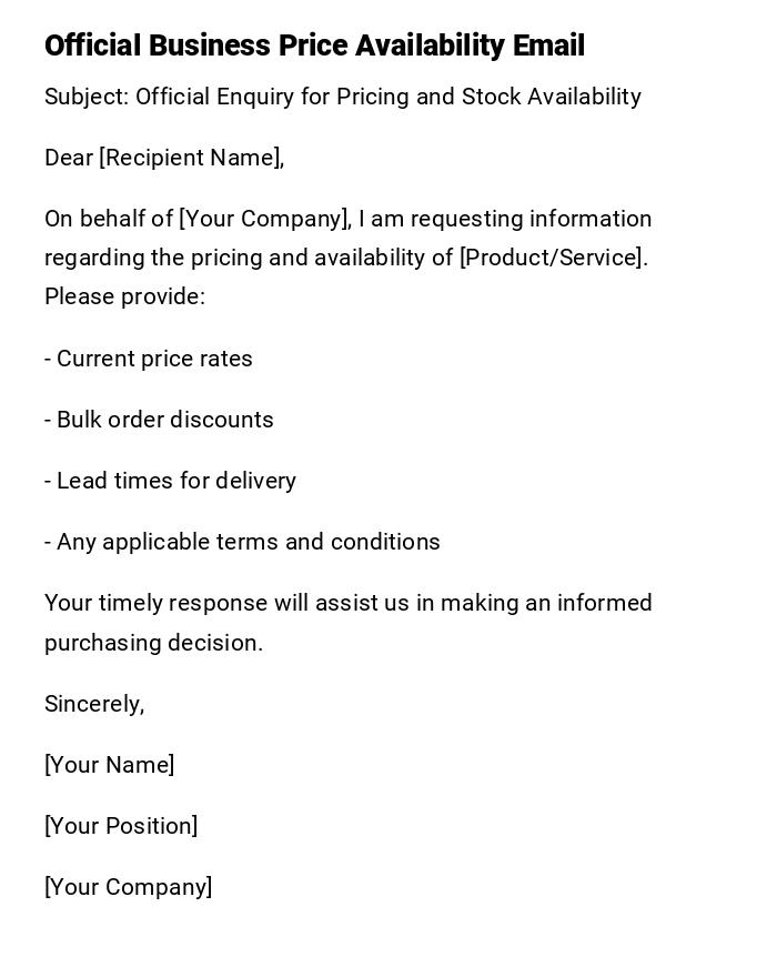 Official Business Price Availability Email Official Business Price Availability Email