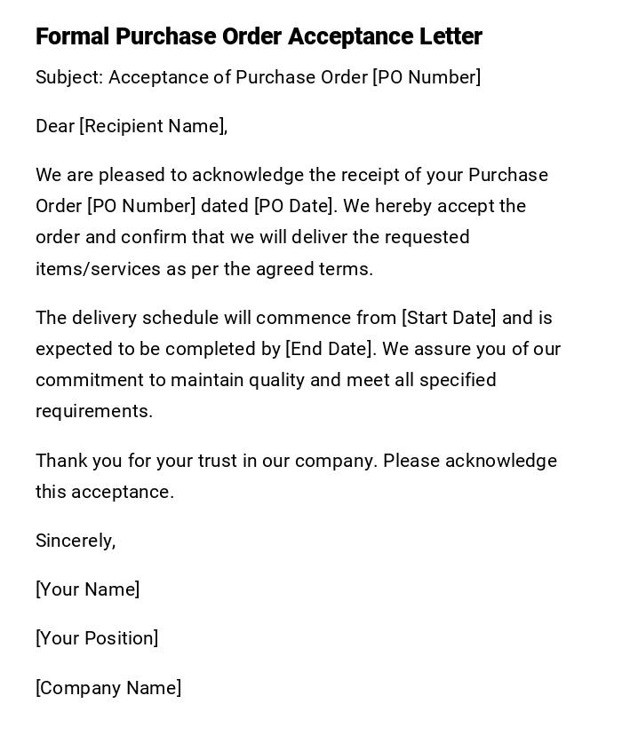 Formal Purchase Order Acceptance Letter Formal Purchase Order Acceptance Letter