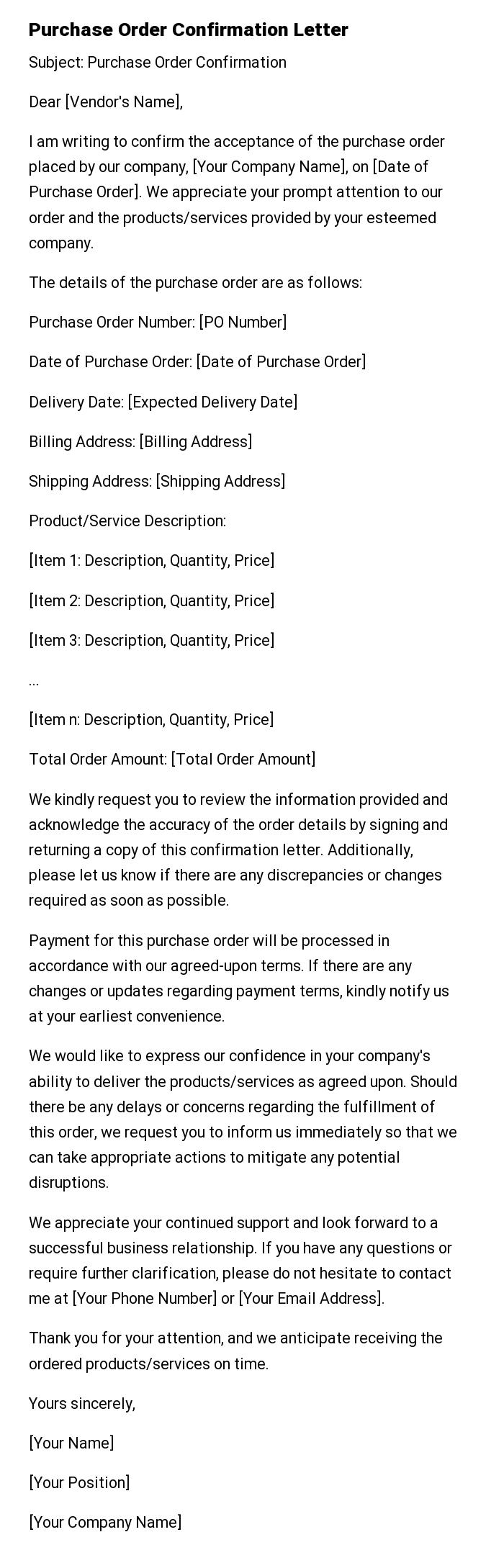 Purchase Order Confirmation Letter