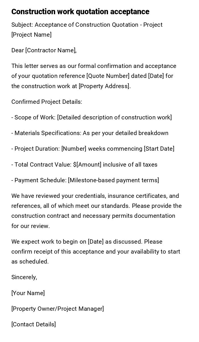 Construction work quotation acceptance Construction work quotation acceptance