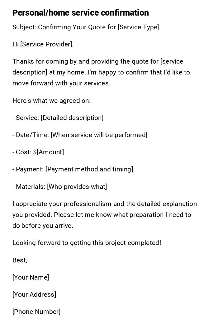 Personal/home service confirmation Personal/home service confirmation